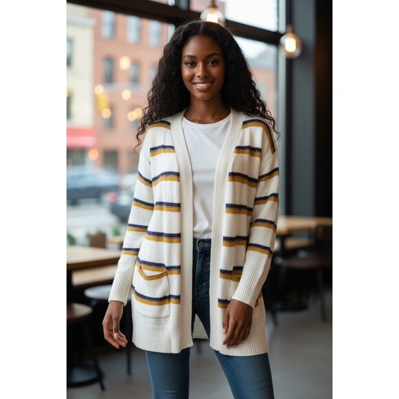 SO Women's Multicolored Striped Open Front Cardigan Small - Picture 7 of 13